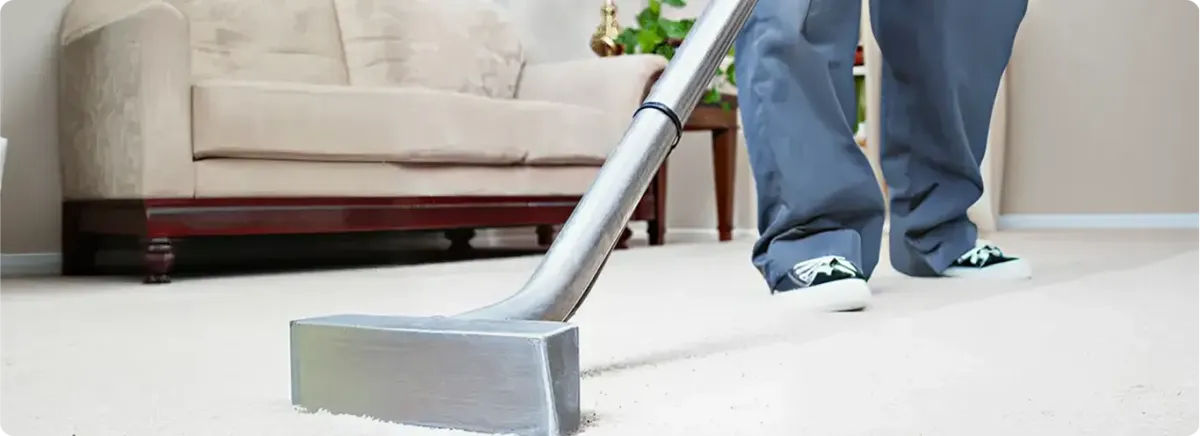 Carpet cleaning technician using a hot-water extraction wand on a light-colored carpet in a living room, Bloomington, IN.